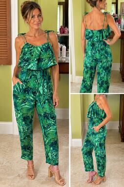 Bold Elements XL Tropical Palm Print Ruffle Jumpsuit Tie Strap Wide Leg